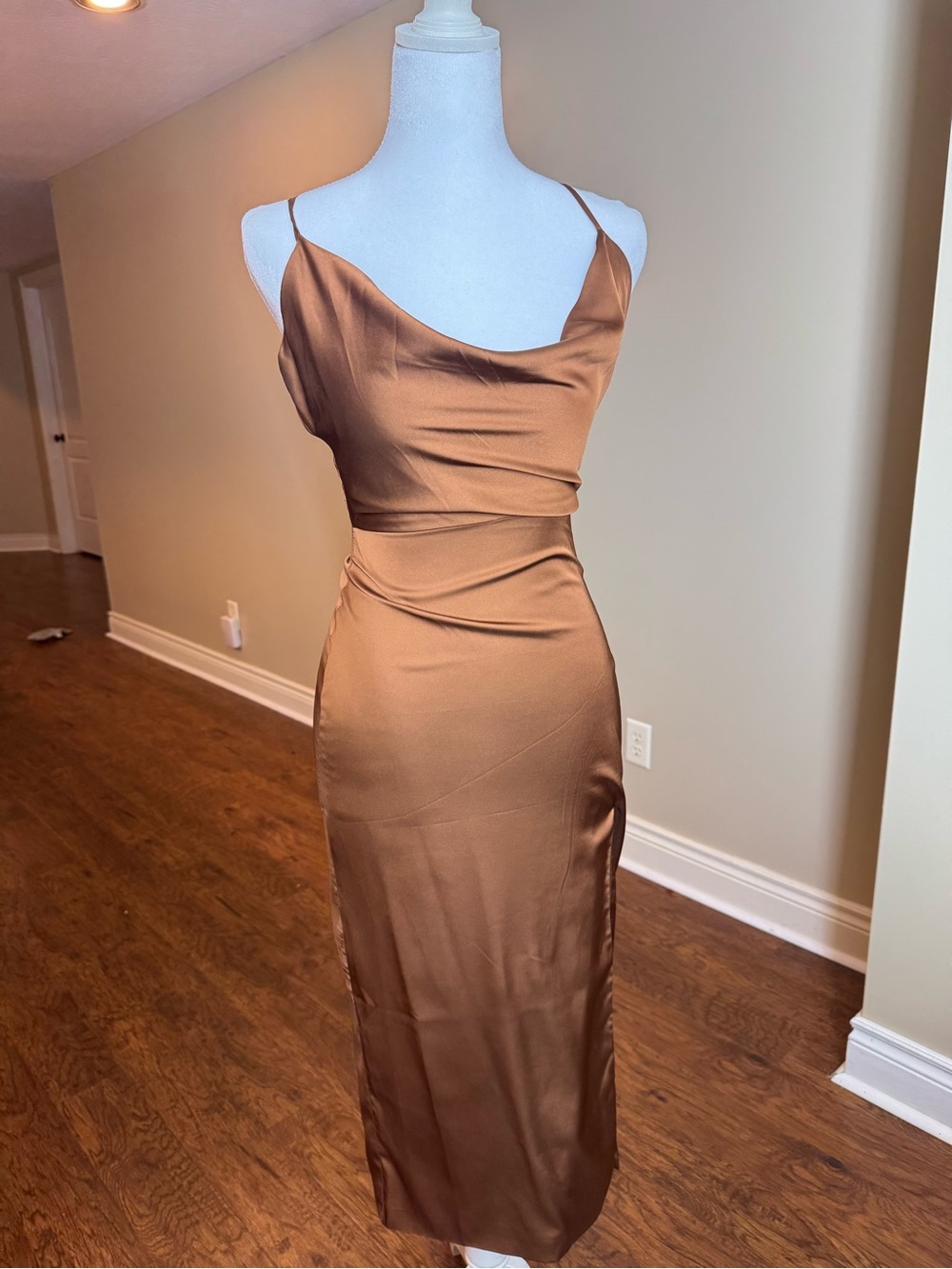Slip Satin Cowl Neck Midi Dress in Brown